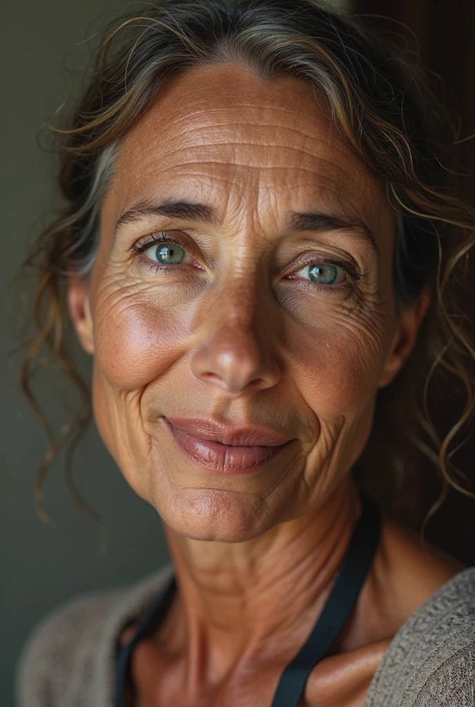 Beautiful mature woman 45 years old, wrinkles on the face, detailed face and texture, American woman, looks into the frame
