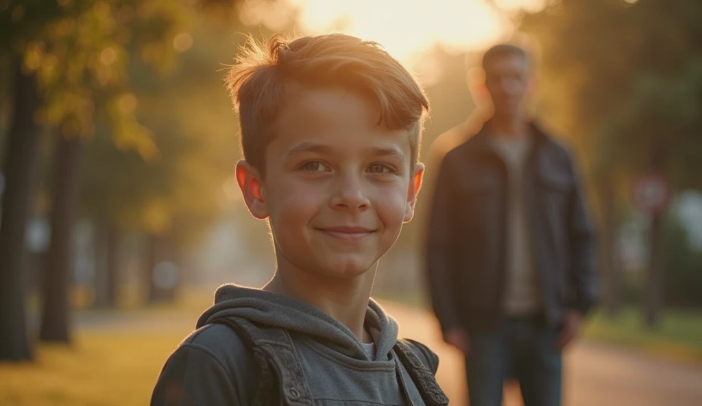 a boy smiling is standing pointing to a person