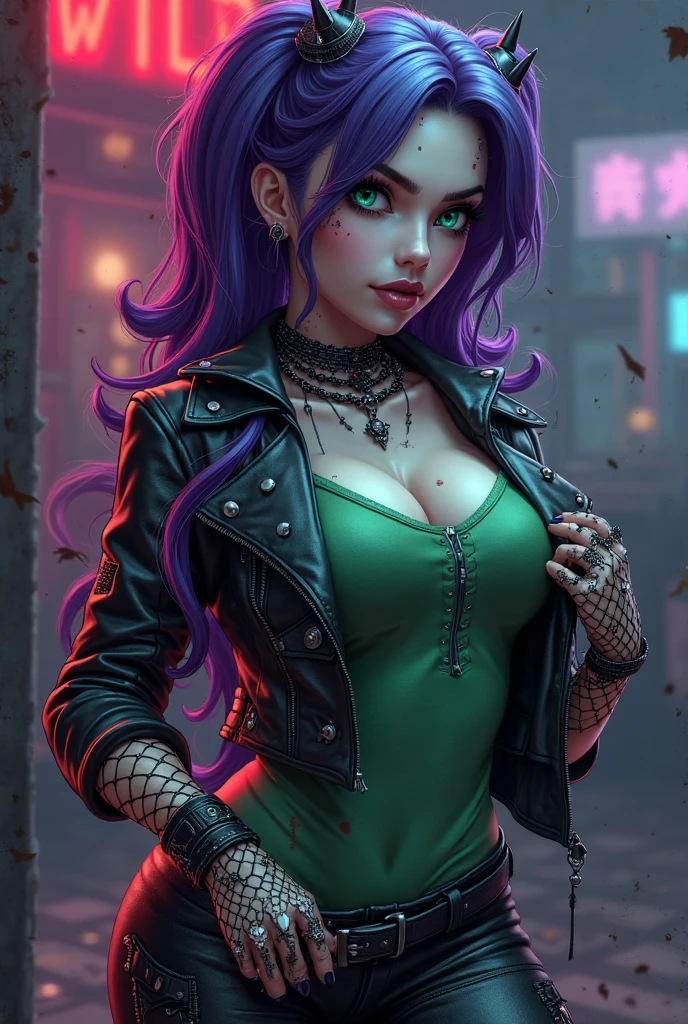 <lora:Ember_McLain_Danny_Phantom_Anime:0.8>,ember_mclain_danny_phantom,green hair,pale green skin,(tattoo near eyes,face tattoo:1.3) BREAK [SEP],
asymmetrical gloves,tongue out,\m/,collarbone,electric guitar BREAK [SEP],
(deep plunging neckline, torn midriff, torn cleavage,torn clothes, torn legwear,bare shoulders, revealed cleavage,exposed medium breasts,navel,colarbone,covered nipples:1.1) BREAK [SEP],
(ambient lighting:1.1),(ultra realistic,32k,RAW photo:1.1),(high detailed skin:1.1),8k uhd,dslr BREAK [SEP],
high quality,film grain,(shiny glossy translucent clothing:1.1) BREAK [SEP],
full shot,looking at viewer seductively,flirty smile,naughty face,simple background,(insanely detailed,best quality,masterpiece,photorealistic:1.3),