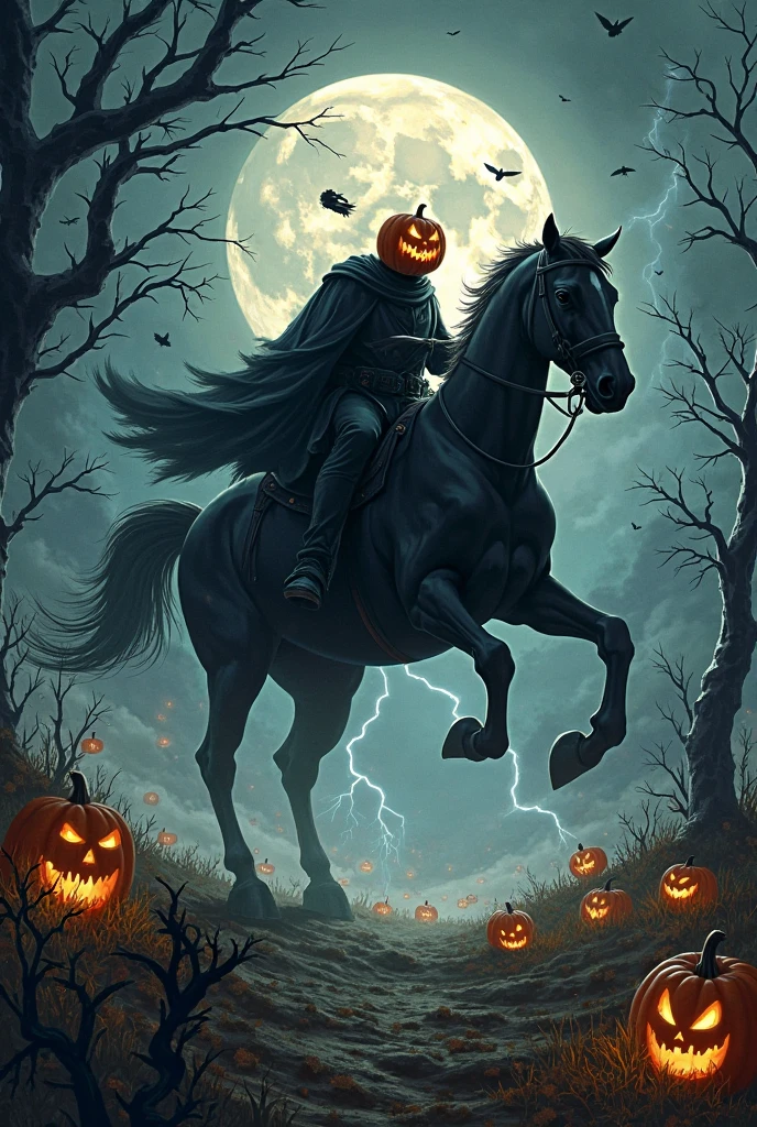 Capture the iconic moment of the Headless Horseman riding through a moonlit, foggy forest with a flaming pumpkin head
