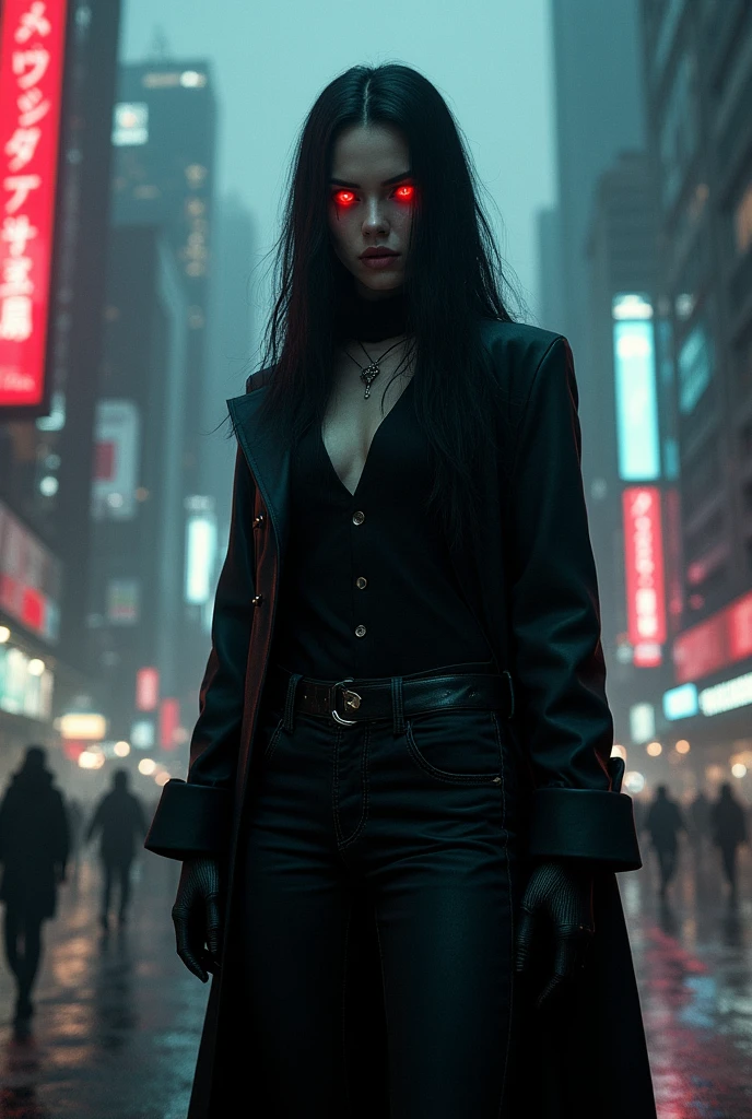 Checkpoint Woman, black hair, long, blood red eyes 