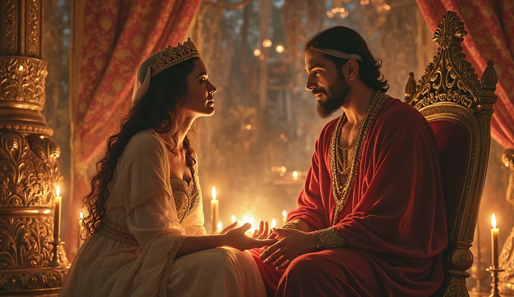 Make a picture of a young Jewish girl representing Esther and a king representing King Ahasuerus placing the crown on her head.