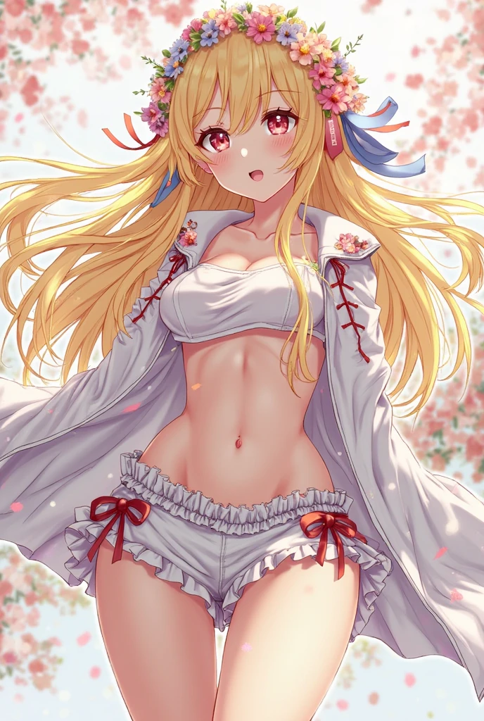 Best quality at best，tmasterpiece，详细的脸，1个Giant Breast Girl，独奏，looking at viewert，exteriors，standing on your feet，the sunset，SakuraNS，Falling petals，
Long_Hair，By bangs，（blond hairbl：1.2），Hair_polypubic hair_Eyes，Red_Eyes，
校服，White Serafou，White sailor collar，White color blouse，blue skirts，Blue scarf，bare shoulders​，White elbow gloves，legsupms，upper legs，Naked of breast，Bare panties
cover_鎖骨、nedium breasts、mediating_Breasts、nabel、Covered_navel、Thigh thick、groin
blush，embarressed，Frowning，Renders，Twinkle，ssmile，
illyasviel von einzbern，