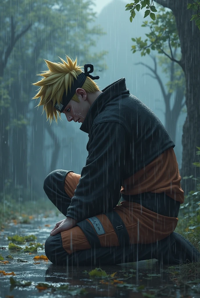 Naruto, alone and sad, thrown on the ground crying a lot, tears dripping from his eye, tears falling on his leg, tears falling to the ground, because all his friends died