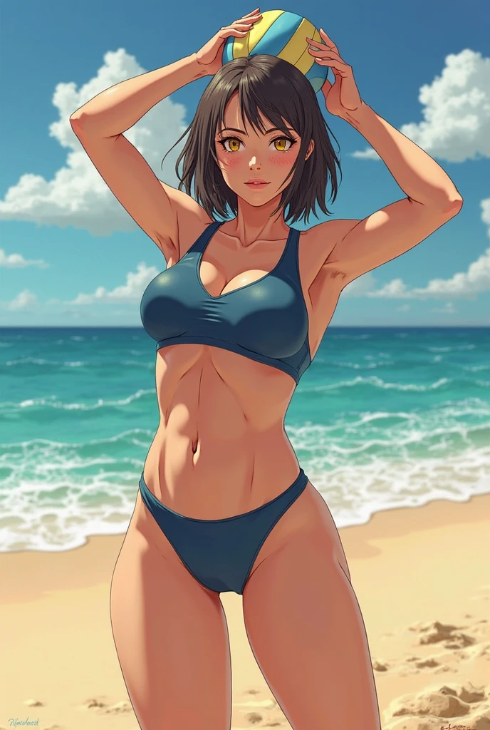 (masterpiece, best quality:1.2), full body, solo, Android 18 from Dragon Ball, ((black string bikini, thigh gap)), small breasts, short black hair loose, (close eyes), earrings on earlobes, slender feminine figure, skinny body, cleavage, light blush, chill, simple, cloudy sky, magnificent view, blur background, 4K, beautiful armpits, arms up behind, Japanese sandals, open mouth, beach, standing, side-tie bikini bottom, smile, one heel raise