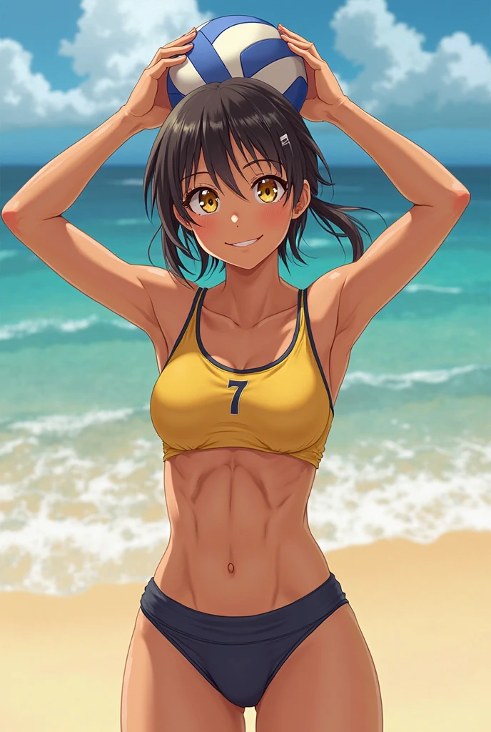 ,(best quality, ultra-detailed, realistic:1.37, masterpiece:1.2), woman, beautiful detailed eyes, beautiful detailed lips, brown hair tied up, smile,yellow micro bikini, slim figure, caustics, textile shading, toned body, clean abs, palm trees swaying, messy flipped short hair,