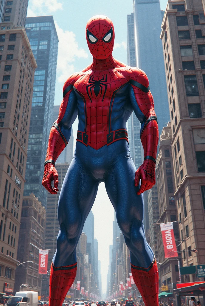 masterpiece, best quality, spider-man costume, nomask, 1boy, blonde hair, blue eyes, standing, new york background <lora:Spider-Man Costume_v1:1>