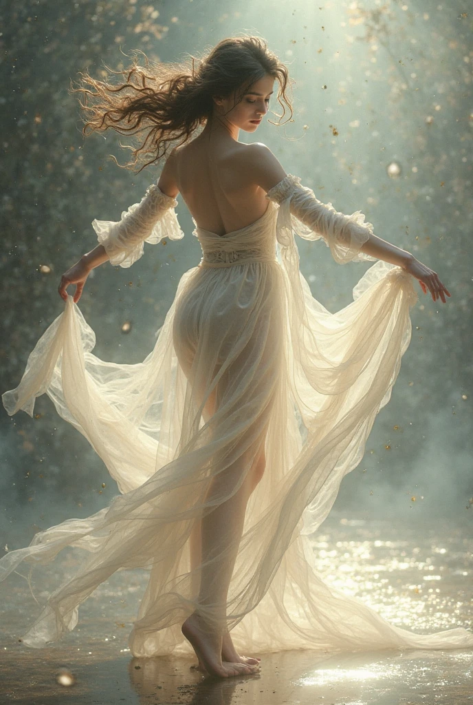 cinematic film still beautiful woman wearing a (water dress) Lunging in Rapture City, <lora:xl_water_dress-1.0:0.8>, 
Overhead Shot, from behind, [full body],
neutral,
Twisted Bun,
Mahogany hair, . shallow depth of field, vignette, highly detailed, high budget, bokeh, cinemascope, moody, epic, gorgeous, film grain, grainy