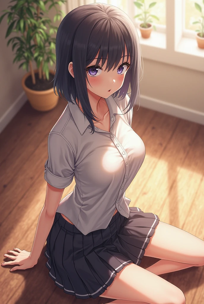 (masterpiece:1.2, highest quality),, beautiful illustrations, looking at the viewer, full body, Front view:0.6, 1 girl, Japanese, Middle School girl, (semi-long hair:0.7), blown hair, (half up, half updo), bangs, hair between eyes, huge breasts:0.8, beautiful hair, beautiful face, detailed and beautiful eyes, beautiful clavicle, beautiful body, beautiful breasts, beautiful thighs, beautiful feet, beautiful fingers, (beautiful scenery), , School, ((Topless , (see-through:1.1, Grey plaid pleated skirt))), (Are sitting on glass with spread legs, put on shirt full open without underwear, broad view naked breasts seeing ), NSFW