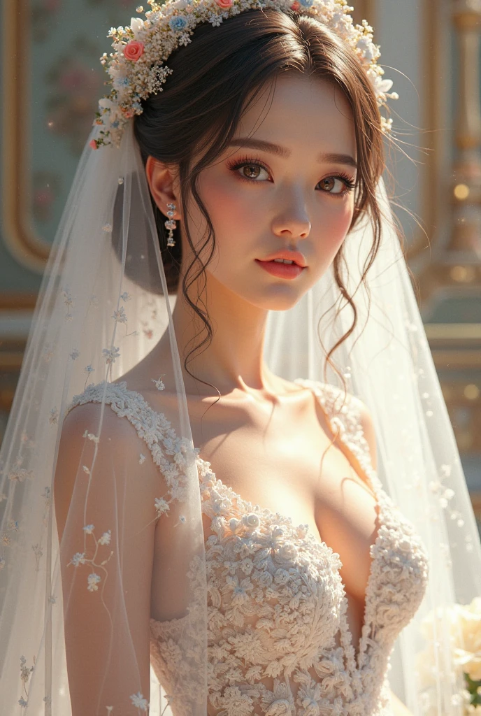1 beautiful white wedding dress interior background(Best quality, Detailed details, Masterpiece, , 4K, Chiaroscuro，Ultra-realistic, Highly detailed Canon videography )