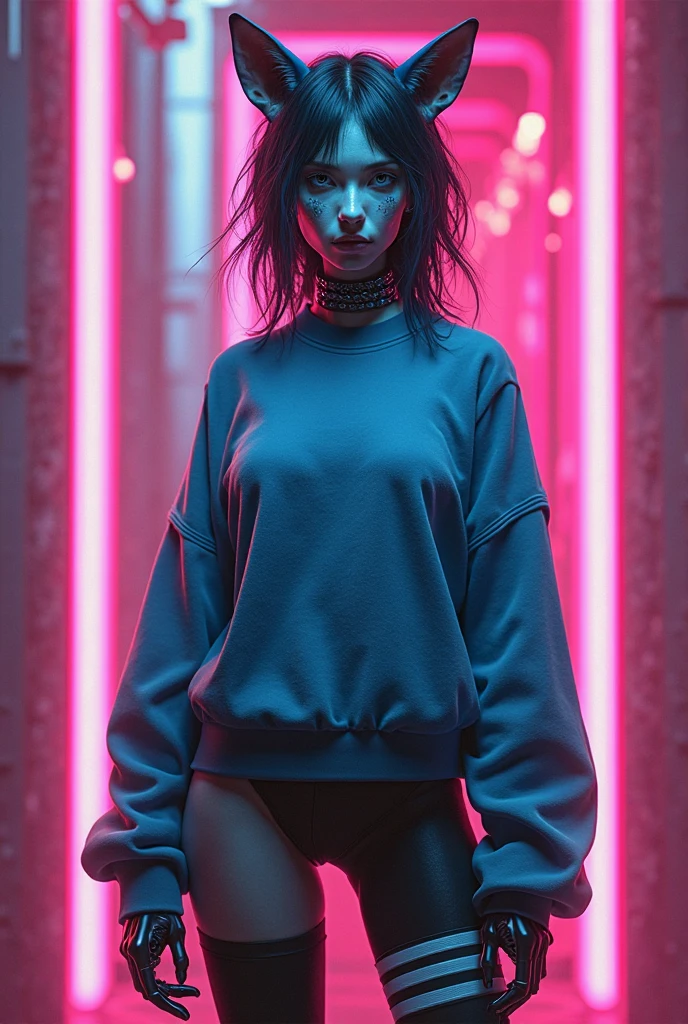 objective, dark skin Woman Goddess with tapered tiny waist, sweater dress with neon leggings, 8K UHD, thick feminine curvature in lower body, immaculate jewelry, stunning volumetric ffog, no nudity, cellophane couture, Versace, Gucci, high details, face like Angela Bassett × Megan thee Stallion, brightly lit face, long neon braids with silver highlights, no nsfw
