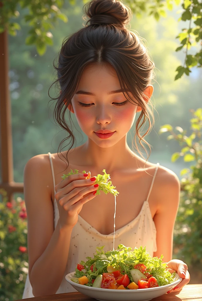 beautiful woman eating grass

