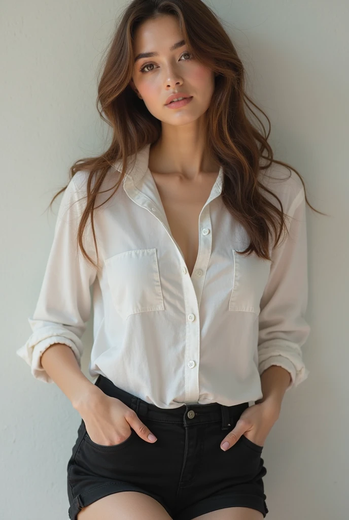 comely, work of art, best qualityer, extreme detailed face, perfect lighting, 1 girl, standing alone, Giovanna MS, cowboy shot, white shirt, black pants, sitting down, legs spread open