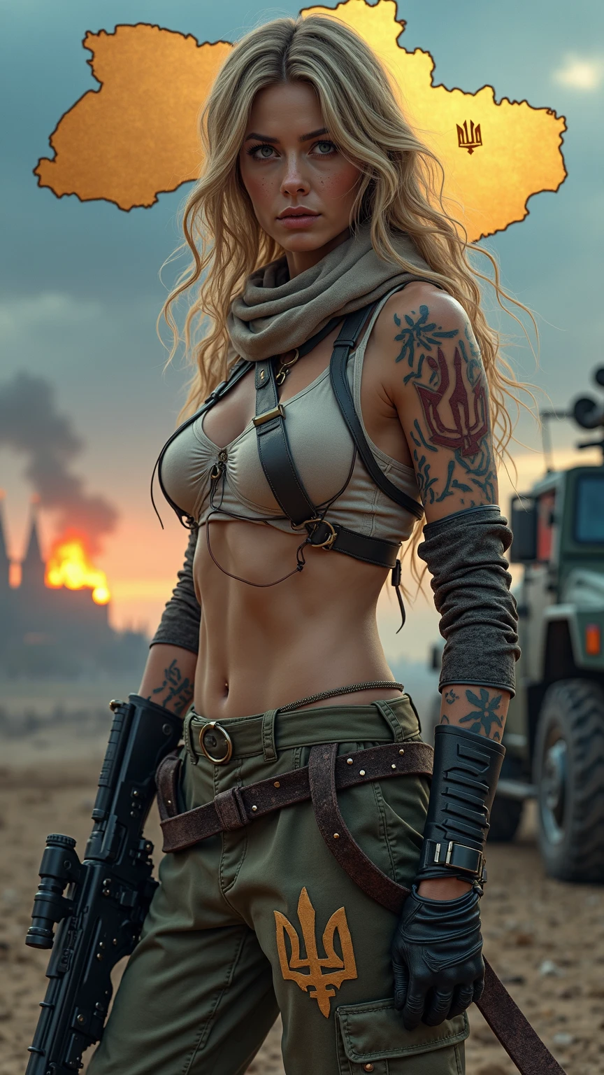 Powerful Concept Character Sheet, Charm, And a hot warrior woman, mad max style, Post-apocalyptic style, Dieselpunk style, dieselpunk setting, Dieselpunk Soldier Girl, Wearing technical clothing and armour, Cyberpunk Costumes, Steampunk Style, her face is oval, The forehead is smooth、The temples are noticeably rounded.. Jaw line is soft and defined, Gives a gentle and feminine impression, whole body, Full of details, Front view, Back view, Very detailed, depth, Many parts,((masterpiece, Highest quality)), 8K, Detailed face, scar (Twin ponytail hairstyle) (Blonde) (Green Eyes), Angry expression, Drawing infographics. Multiple sexy poses. Tattoo,3d