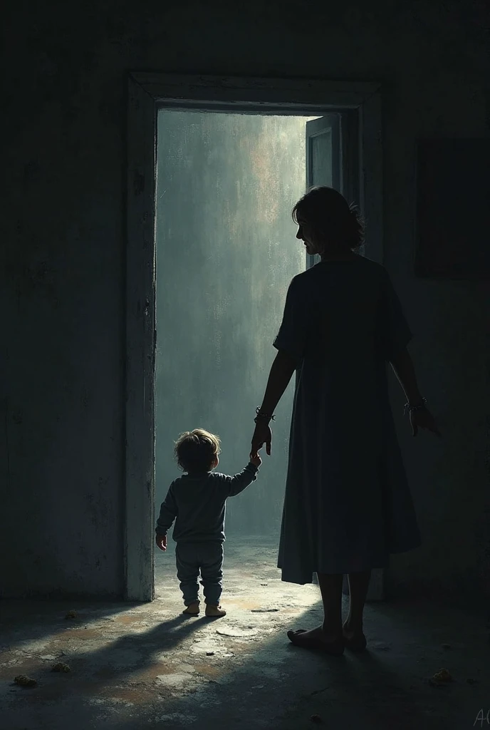A sketch of a short-haired mother's shadow hugging her son on a dilapidated wall.
