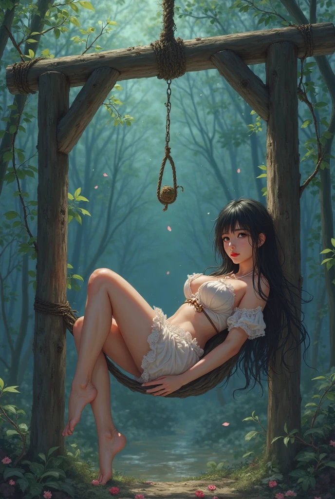 (floating),1girl,(swinging on the swing),white dress,(falling from the sky),(masterpiece, top quality, best quality, official art, beautiful and aesthetic:1.2),highest detailed,abstract,(masterpiece:1.1),(highest quality:1.1),cloud,day,forest,grass,jungle,moss,mountain,nature,outdoors,sunlight,blue_theme,short black hair,wavy hair,bare feet,water, radiant light, bright, celestial, pleasant, sublime, extremely noble, cinematic, shining, rich deep colors, extraordinary, brilliant, majestic, attractive, cool, fascinating, dramatic ambient background, complimentary color