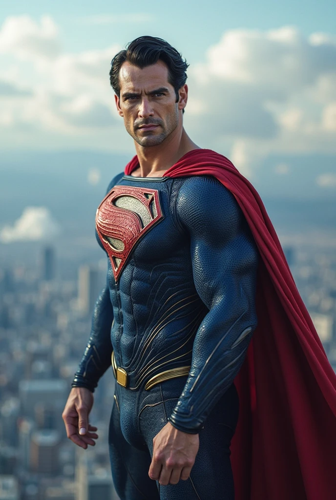 Create a vibrant retro vintage fashion scene featuring a male model of African descent, resembling David Gandy. The model has an athletic figure with a striking, masculine physique and a captivating presence. He is dressed in a classic Superman costume, complete with the iconic blue bodysuit, red cape, and the unmistakable yellow "S" emblem on his chest.
The scene is set against a dramatic urban skyline, rendered in a retro vintage style with sepia tones and a slightly faded color palette, giving it a nostalgic yet heroic feel. The model stands confidently on a rooftop, with the wind billowing through his red cape, creating a sense of movement and power. The city below is bustling, but the model's presence commands attention, embodying the essence of a superhero.
The tight-fitting bodysuit accentuates the contours of his muscles, showcasing his athletic physique and adding to the heroic aura. The warm sunlight casts a golden glow over the scene, highlighting the vibrant colors of the costume and creating a striking contrast against the muted backdrop of the city.
A light breeze adds a dynamic element to the scene, enhancing the vintage superhero vibe. The model's pose is strong and confident, with one hand on his hip and the other raised as if ready to take flight. His gaze is directed towards the horizon, filled with determination and charisma, embodying the classic style and grace of a superhero.
The warm, ambient lighting and slight film grain effect accentuate the retro vintage atmosphere, making the scene feel both timeless and stylish. Filmed on ARRI ALEXA 65, with bokeh and sharp focus on the subject, shot by Don McCullin. The atmosphere should exude a sense of artistic expression with a retro vintage touch, where the model embodies the essence of classic superhero fashion—bold, refined, and timeless—amidst the captivating urban landscape.