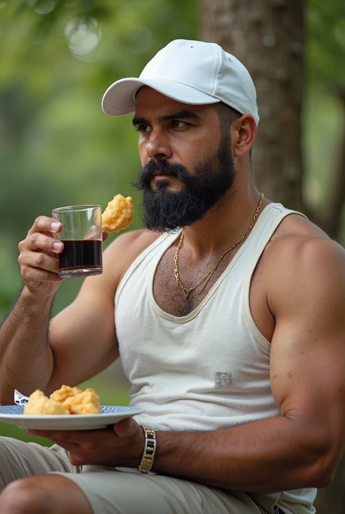 A man with a beard, a round face, a short face, a white tank top, a medium mustache, short hair, eats papaya salad, Isaan food, Thai food, food, full body, wide angle, small body, arm tattoo, road side, black iced coffee, fermented fish.