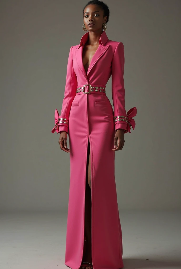 Create a uniform with a waist-high blazer and long magenta sleeves, Skirt at the waist and slit on the left leg in the same color, Skin-colored pantyhose and white heels