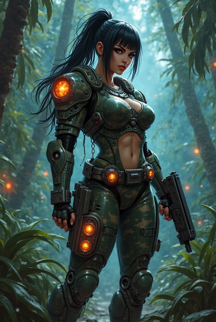 Masterpiece, art, young beautiful woman, dark skin, macular skin, textured skin, very large firm breasts, perfect proportions, space soldier, machete, in jungle, on alien planet, blue glowing moss, dark, gloomy, green camouflage uniform, in the future, anime, sexy, erotic, UHD resolution, realistic detail, realistic reflections, realistic shadows, 3D,