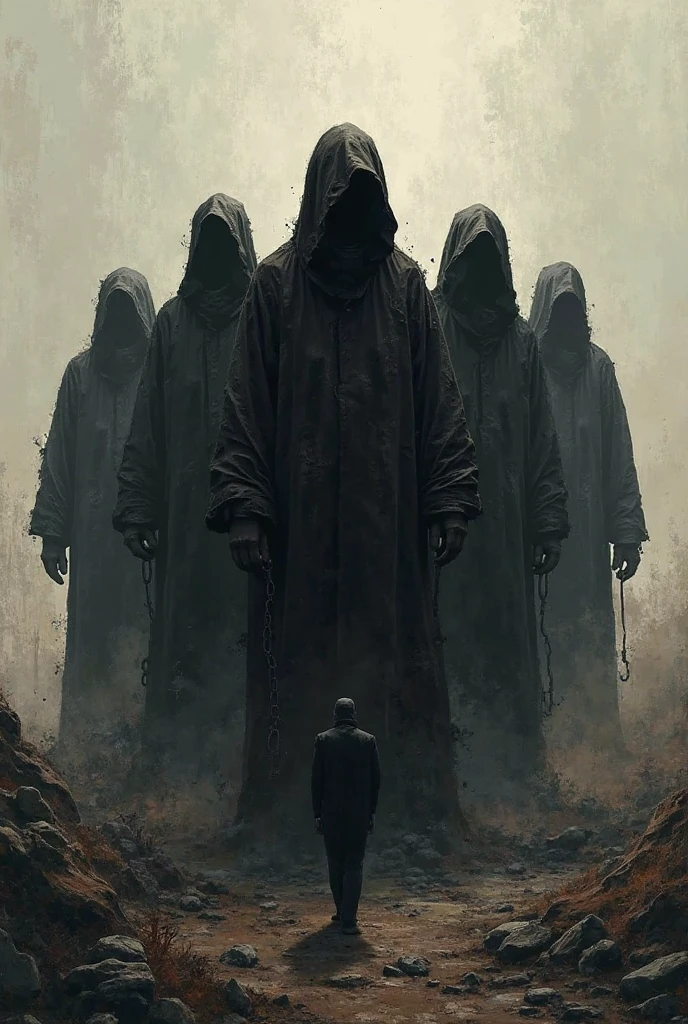 design art for sticker, vector art, line art drawing, metal band artwork, death metal artwork, Bw metal artwork, in the dark age emerged five mysterious monster wearing hood with a scary face, who are ready destroy anyone who does not obey the rules. Using a crushing machine and a slamming machine, the five young men are ready to destroy everything that gets in their way. they are the result of the experiments. They are depicted as half human and half robot. Against the backdrop of a city that has been destroyed and chaotic. Very dark, lots of victims scattered