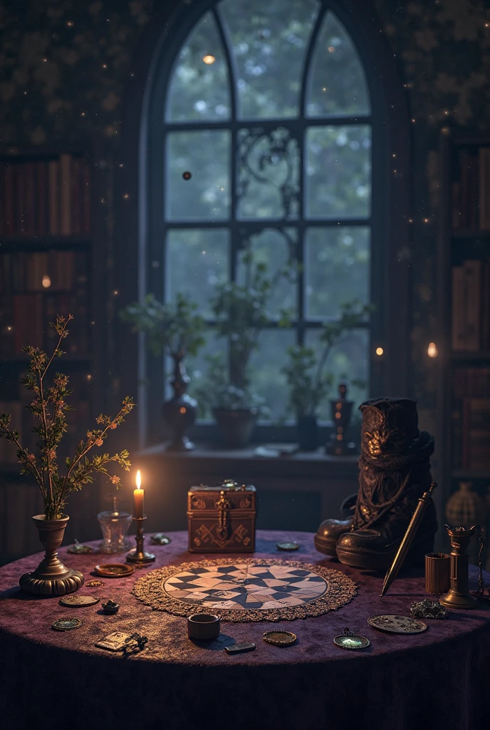 8k16k32K Surrealistic　Movie Proof　 cinematography　Super Detailed　Super Real　Surrealistic　　金銀black　luminous effect　full shot　　Dark Fantasy　Night Table　 Magic School Classroom　black　　Purple　(Book of Magic Circles　magic wand on the hill　 Magical Lamp 　Magic Mirror　magic pocket watch　Magical Playing Cards　Magic Ring　The magic necklace　Magic Boots　 magic hat　Magical Compass　Magical Treasure Chest 　Magic Crystal　There is a magic cat　magic fountain pen　magic magnifying glass　magic gold coin　magic candle　magic chess)is placed on the magic circle table。　fantasy art