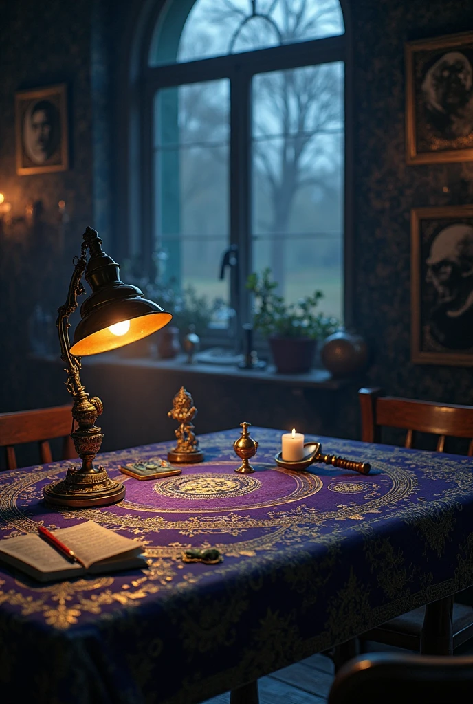 8k16k32K Surrealistic　Movie Proof　 cinematography　Super Detailed　Super Real　Surrealistic　　金銀black　luminous effect　full shot　　Dark Fantasy　Night Table　 Magic School Classroom　black　　Purple　(Book of Magic Circles　magic wand on the hill　 Magical Lamp 　Magic Mirror　magic pocket watch　Magical Playing Cards　Magic Ring　The magic necklace　Magic Boots　 magic hat　Magical Compass　Magical Treasure Chest 　Magic Crystal　There is a magic cat　magic fountain pen　magic magnifying glass　magic gold coin　magic candle　magic chess)is placed on the magic circle table。　fantasy art