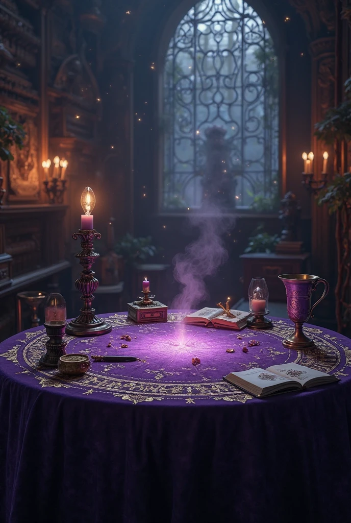 8k16k32K Surrealistic　Movie Proof　 cinematography　Super Detailed　Super Real　Surrealistic　　金銀black　luminous effect　full shot　　Dark Fantasy　Night Table　 Magic School Classroom　black　　Purple　(Book of Magic Circles　magic wand on the hill　 Magical Lamp 　Magic Mirror　magic pocket watch　Magical Playing Cards　Magic Ring　The magic necklace　Magic Boots　 magic hat　Magical Compass　Magical Treasure Chest 　Magic Crystal　There is a magic cat　magic fountain pen　magic magnifying glass　magic gold coin　magic candle　magic chess)is placed on the magic circle table。　fantasy art