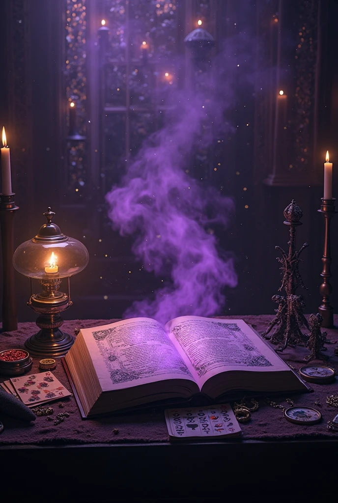 8k16k32K Surrealistic　Movie Proof　 cinematography　Super Detailed　Super Real　Surrealistic　　金銀black　luminous effect　full shot　　Dark Fantasy　Night Table　 Magic School Classroom　black　　Purple　(Book of Magic Circles　magic wand on the hill　 Magical Lamp 　Magic Mirror　magic pocket watch　Magical Playing Cards　Magic Ring　The magic necklace　Magic Boots　 magic hat　Magical Compass　Magical Treasure Chest 　Magic Crystal　There is a magic cat　magic fountain pen　magic magnifying glass　magic gold coin　magic candle　magic chess)is placed on the magic circle table。　fantasy art