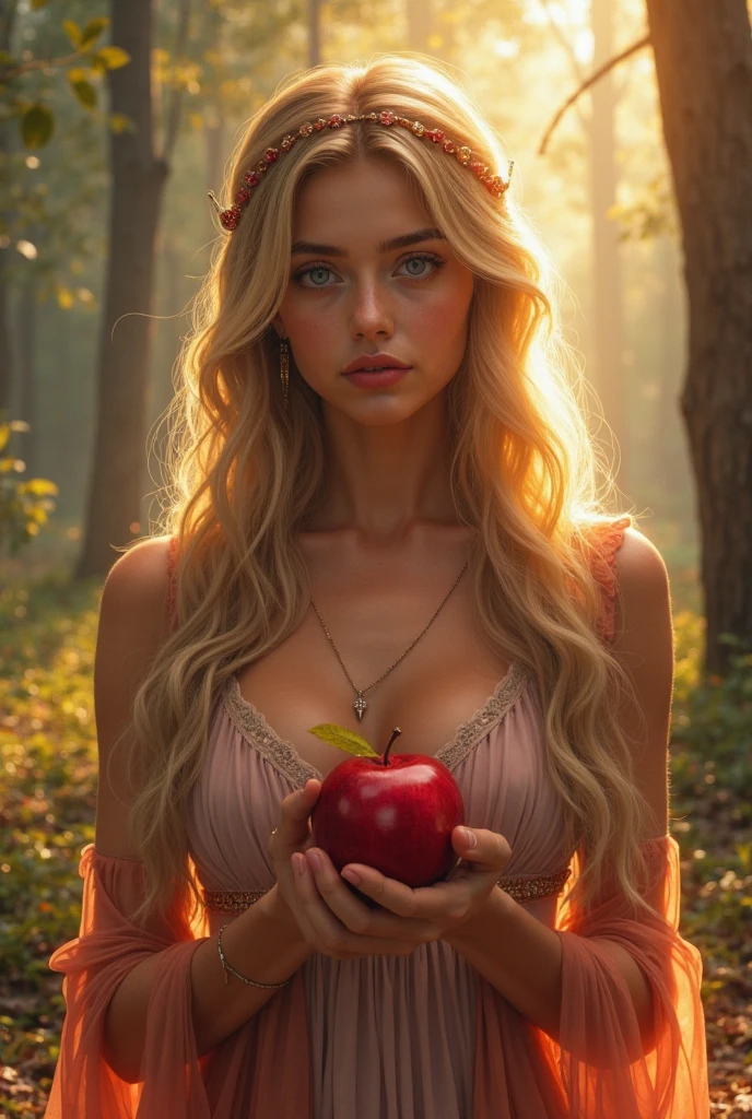 (masterpiece,best quality:1.4),(8k,raw photo,photo realistic:1.2),shiny skin,detailed skin,detailed face,detailed eyes, beautiful woman, beautiful face,looking up at viewer, Goddess of Apple ,Apple flowing curls of hair, serene expression,Gown with a Apple-like translucency, mini skirt with Apple effects,Small Apple pendant, small Apple earrings, Apple bracelet,Aura of Apple light surrounding her, like Apple,Garden of Apple Reflection,Apple pond,Arch of Apple tree,Sculptures of reflection,Enchanting illumination