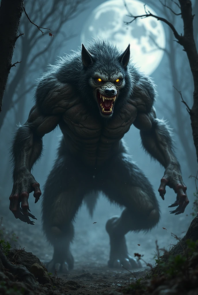 a sinister 3 meter werewolf bodybuilder hyperrealistic, ghastly horrifying creature. werewolf in a forest lit by the full moon, with glowing eyes and sharp teeth. The atmosphere must be tense and ominous, with deep shadows among the trees.", leading a dark wolf attack group, with shattered limbs, dirty, dark, fog, mist, high angle view, dark war battlefield, dark, dirty lighting, dirty brown color, rough fur, bristly thorns, lead, flames The images were formed in a way that exudes fear among all who witness their presence, in the style of horror.