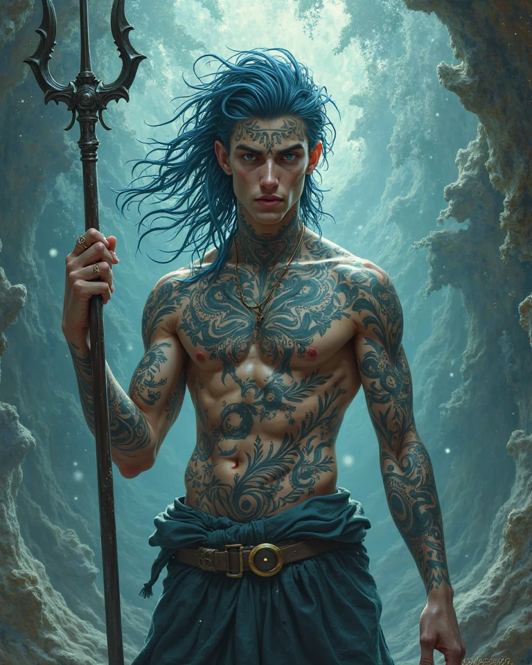 ocean boy very detailed, blue tattoos, blue eyes, detailed oceans, perfect composition, full body, medieval