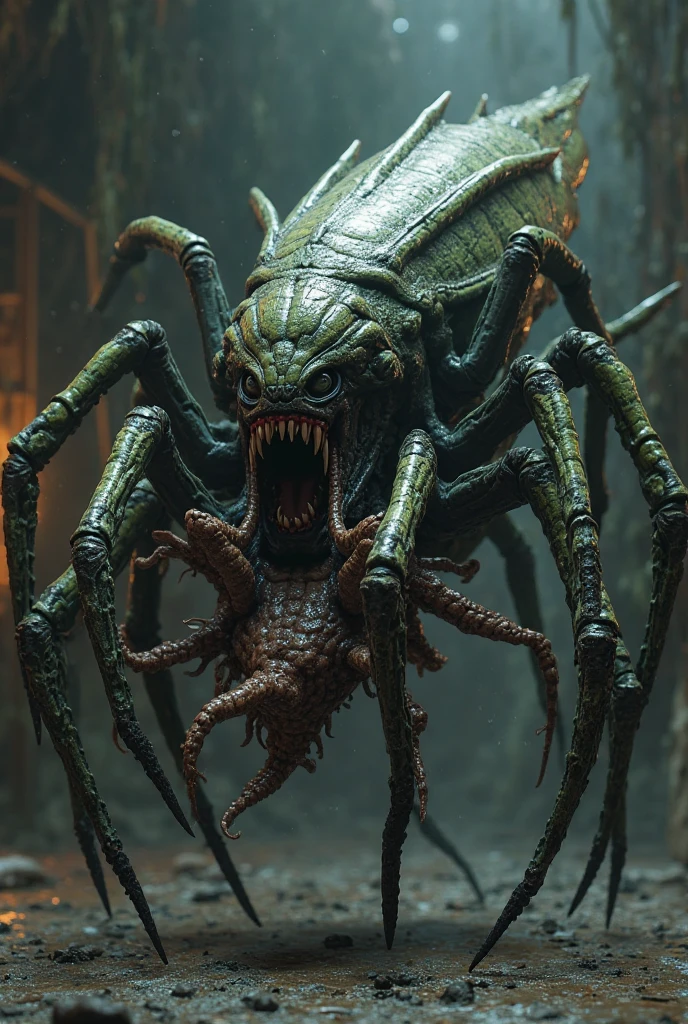 (((best quality)), ((masterpiece)), ((ultra realistic)), grotesque mutated freak, disgusting male insectoid alien creature, fleshy leathery skin, terrifying evil face, extended tongue, needle teeth, full body, too many limbs, ultra detailed eyes, gaping maw, intricate details, dark abandoned spacecraft corridor, rubble, pipes, moody cinematic lighting