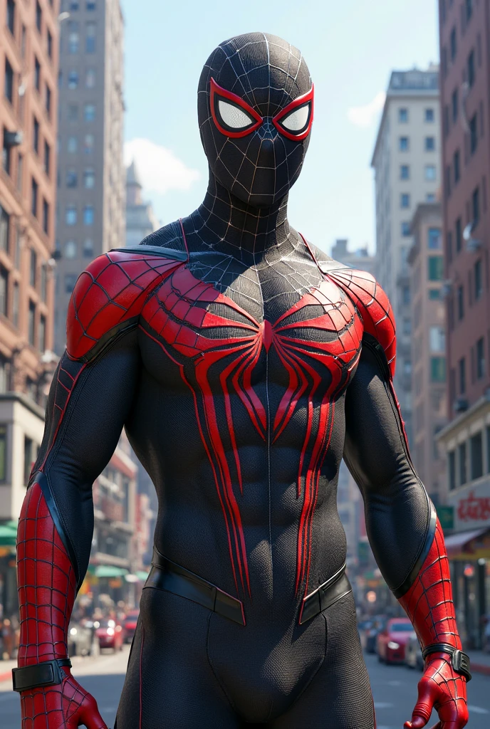 Obra maestra, La mejor calidad:1.2), ((muscular:1.5)) ((hembra:1.5)),tetona,curva, ((girlish)), sexy, Grande_Tetas,(Pintura digital: 1.4), Una hermosa mujer con un disfraz de Spiderman, Frente al espectador, De pie en un edificio, Antecedentes urbanos, La mejor obra maestra, Muy alto detalle, realista, 8k,