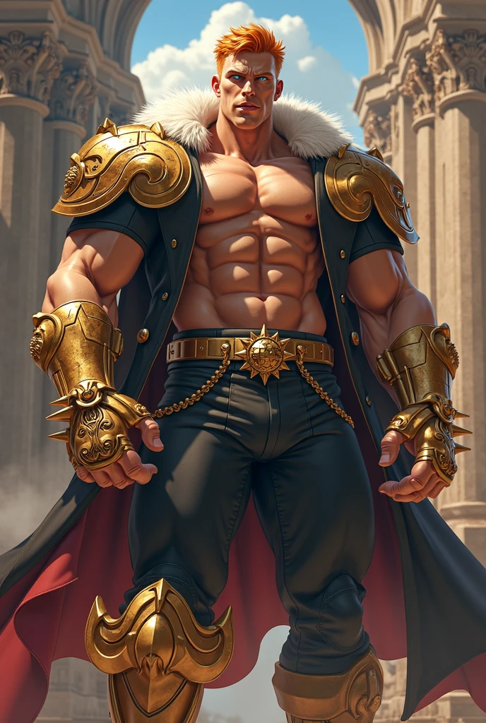warrior man with big sword, muscular man of micro loincloth with bulge, sword in hand, bulge in micro loincloth, city background, bright and gleaming sword, quality image, best quality, in attack position, realistic details, magic particles, whole body image, clothes with golden details, long hair tied, scar on face, image catching all body, Boots with golden details, blood particles, golden armor, uncovered abdomen, micro leather thong, scar on chest, part of leather armor, manly man, man with big hair, big bulky muscles