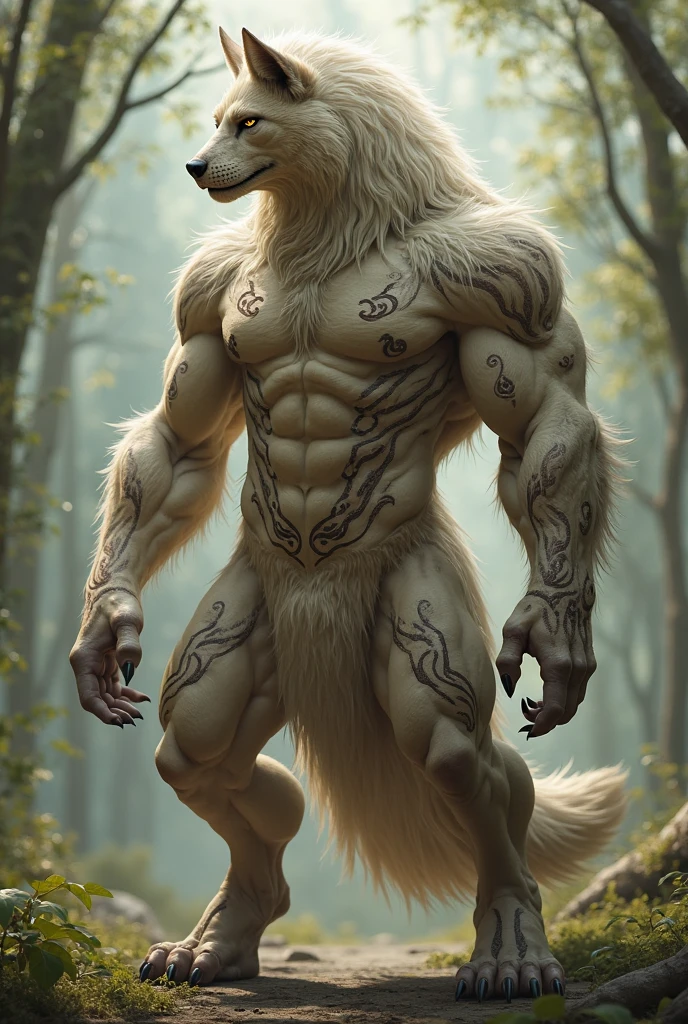 ((Alone)), masculine people, anthro wolf, (multicolored fur, White Brown:1.3，pointed white tail), (height 2.1 m,Queue length 1.5 meters), ((wolf face, large eyes, White eyelids, blue pupil, delgado:1.2) (difficult, calm expression:1.2)), ABS, delgado, pinging)), (correct anatomy), Nude all over the body,A long and big tail，pies，(Realistic skin, detailed skin texture, labelled:1.3)), (natural lighting), photorealistic, Hyper realistic, Ultra detailed, by Kenket，Snowfield，no artifacts, Running on