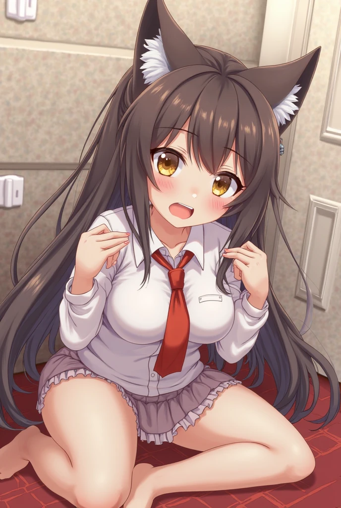 ddsato, long hair, half updo, braid, hair between eyes, animal ears, ear ornament, horse tail, center frills, brown sailor collar, yellow bow, brown shirt, long sleeves, green skirt, (breasts out:1.3), (nipples:1.2), (double peace:1.6), (drunken eyes:1.3), (embarrassed:1.1), (shy:1.5),open mouth, girl_on_top, straddling on boy, sit astride, white lace panty, panties around one leg, (Panties pulled aside fuck:1.3), (spread legs:1.3), (pussy line:1.3), (excessive cum:1.3), (vaginal penis:1.3), (1boy:1.3), (cum in pussy:1.3), (pussy cum:1.3), excessive cum, vomcum, (creampie:1.3),