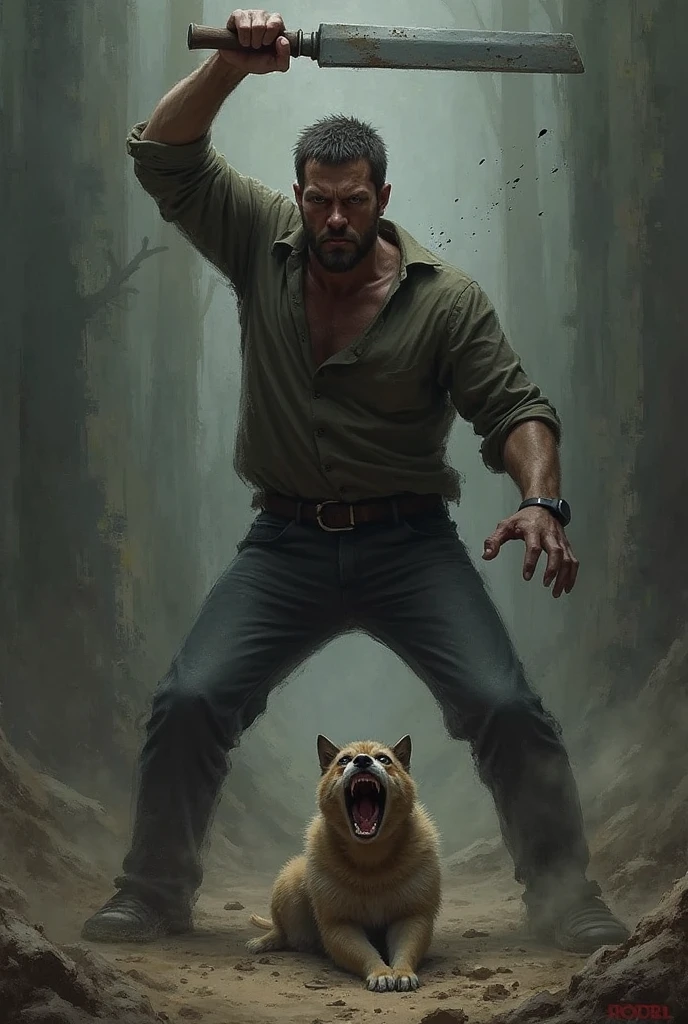 A shirtless, bushy man in just pants and no face with a scary big black dog by his side in a dark room of a house