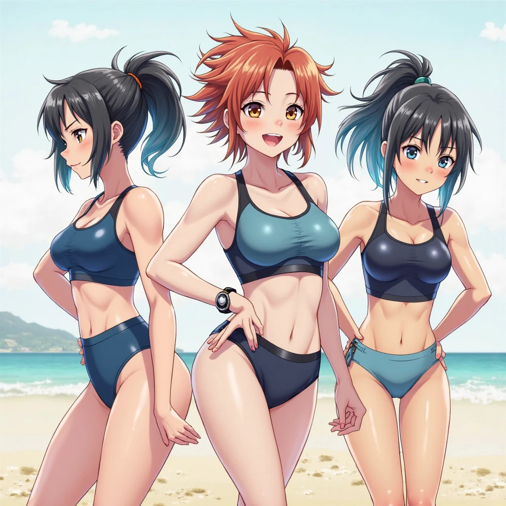 (nsfw:1.2),((2 girls,10yo)), (Blushing:1.4), (silk highleg small tight sports bikinis red white and black color), evil Smile, Cowboy Shot, Slim body, large breast, Full Body, (erect nipples,cameltoe:1.2)