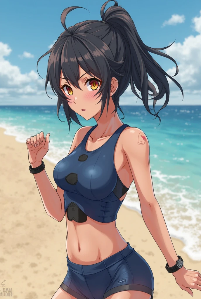 masterpiece, best quality, yaoyorozu momo, 1girl, black eyes, black hair,  ponytail, long hair, hair pulled back, breasts, smile, solo, looking at viewer, swimsuit, sand, sea, beach background <lora:MomoYaoyorozu:1>