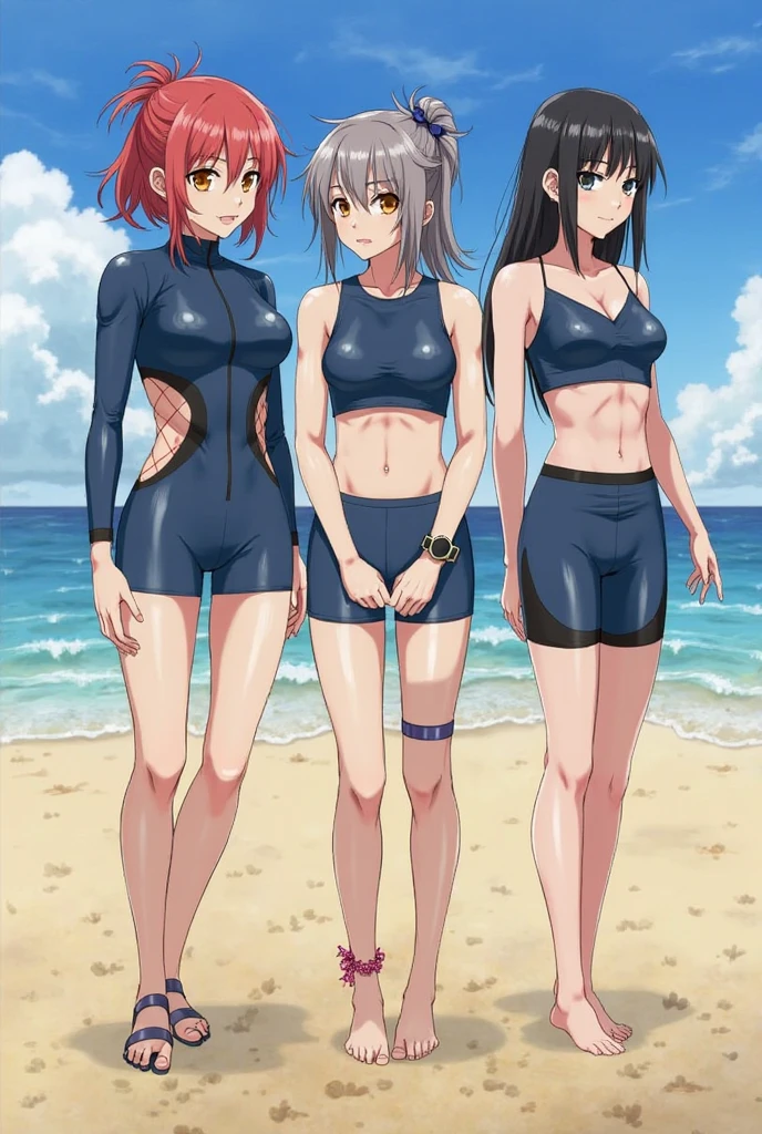 Four cute sexy adult teachers, one with long brown hair with a braid, another with short dark brown hair, another with short white hair with a serious expression. And finally, a girl with long purple hair with two pigtails, all four completely in swimsuits.