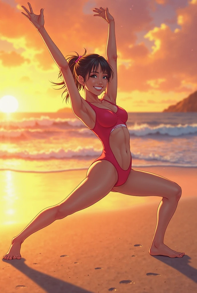 obra-prima, melhor qualidade, filme ainda, 1girl, garota nuvem, muscle girl, floating into the sky, standing full-body, olhos azuis, brilhante, Feliz, Soft lighting and Warm, sun sunset, (Sparks: 0,7)