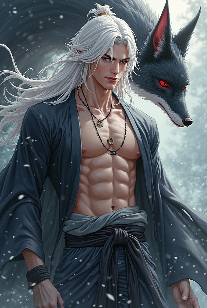 A portrait of good looking young man, he's a soul hunter clutching onto two sickles, he has beautiful and muscular body with glistening skin, he is very handsome but he has cursed hands, he has silver hair with two blocks Korean hairstyle and glowing purple eyes, wear a wooden wolf mask.