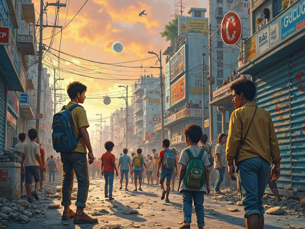 (a closeup of a group of seven children:1.7), (main character in the center of the image, a special autistic boy with headphones and with incredible super powers holding a brightly glowing magic stone:1.5), (a black child:1.3), (all 10 years old:1.5), futuristic ecological city in the background with buildings and many trees