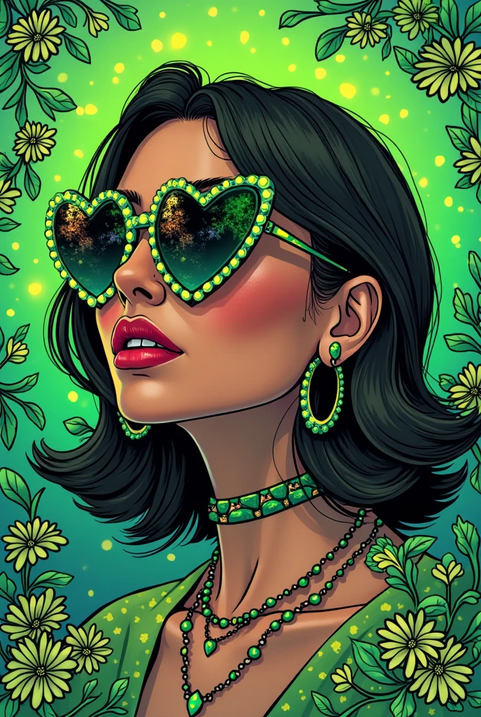 bare shoulder,sexy, cleavage,1 girl,portrait, curly hair,simple background, (masterpiece,best quality),lips, spark ,niji style, camisole, Mini Dress ,in the jungle,DayGlo green gradient , painting ,background, sunglasses
