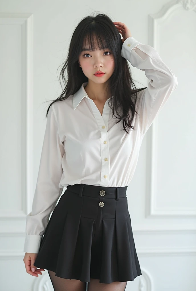 ulzzang-6500-v1.1, (raw photo:1.2), (photorealistic:1.4), beautiful detailed girl, very detailed eyes and face, beautiful detailed eyes, ridiculous, incredibly ridiculous, huge file size, super detailed, high resolution, very detailed, best quality, masterpiece, ((fashion clothing with diverse colors)), illustration, very detailed, CG, unified, 8k wallpaper, amazing, fine detail, masterpiece,best quality, very detailed CG uniform 8k wallpaper, light on face, movie lighting, 1girl, 16 years old, long white hair, side split, (medium breasts), (no panties)), (with glasses), ((dynamic pose))), (sexy pose))), (camel toe), (half), (pantyhose), ((black hip skirt))))
