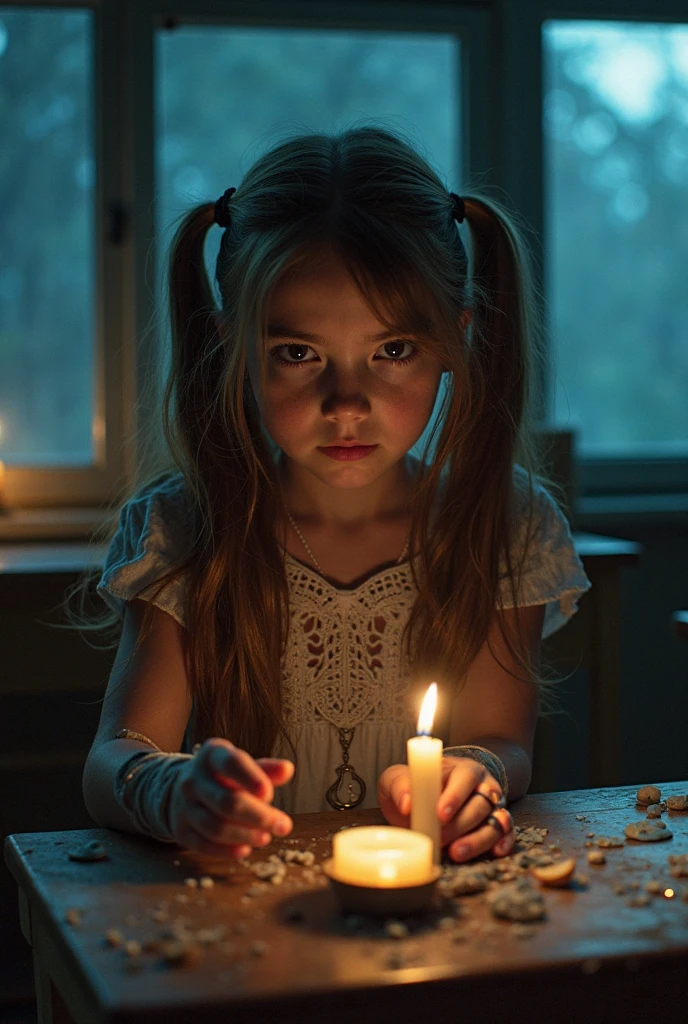 The child crying screaming at night, with her starry pajamas and her brown hair with her broken flashlight in her right hand