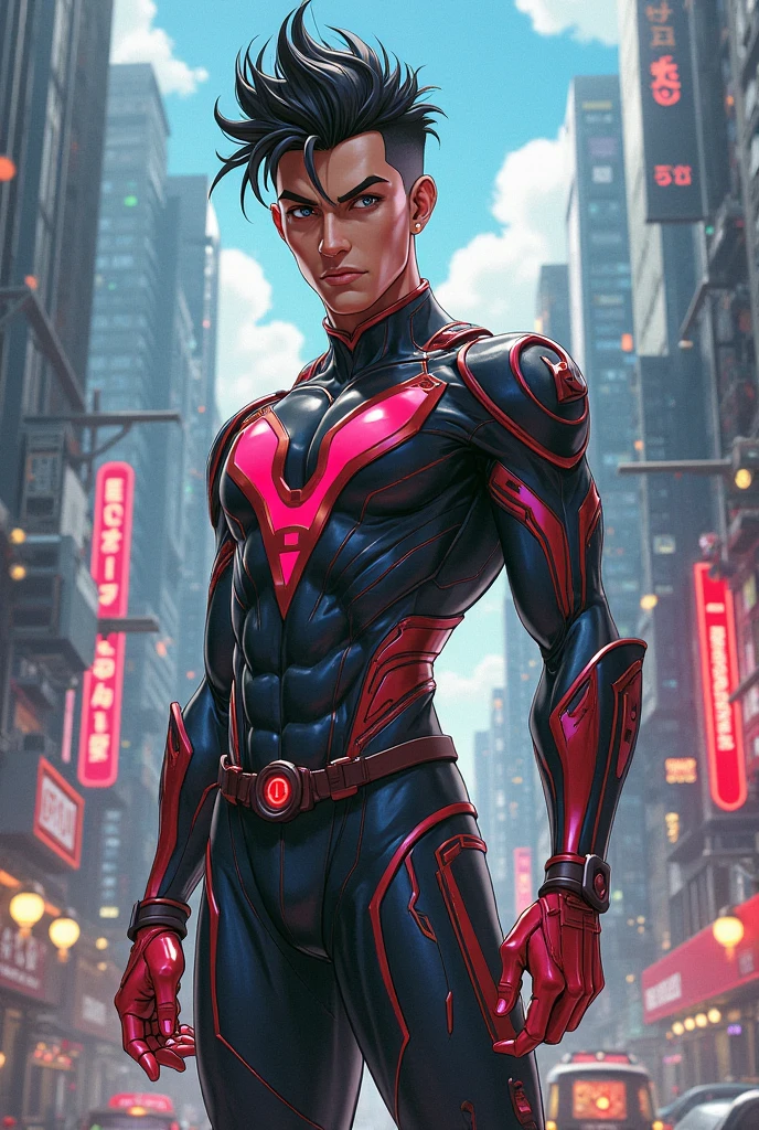 American classic comic book art: handsome ethereal young man, navy blue hair with perky, bright red robotic arms, bright red jacket, high collars, martial agility, hero bodysuit tight navy black, big butt, beautiful thighs, tight navy leggings, magenta red robotic boots, very young face, ethereal male body, nice butt, freckles, classic comic book 