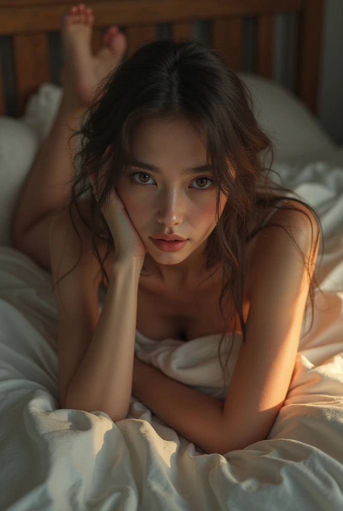 (best quality,4k,8k,highres,masterpiece:1.2),ultra-detailed,(realistic,photorealistic,photo-realistic:1.37), girl, dark hair, lying on bed slender body, nude, privacy, soft lighting, emotional portrait, atmospheric, kindergartner