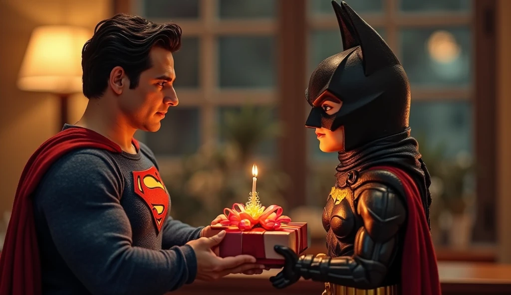 Image with two children, uma vestida com a camisa do batman e a outra com a camisa do superman, as duas duelando e cada uma segurando um sabre de luz. Ao fundo uma imagem clara com um castelo feito de cartas de baralho e na torre desse castelo um princesa, jogando confetes.